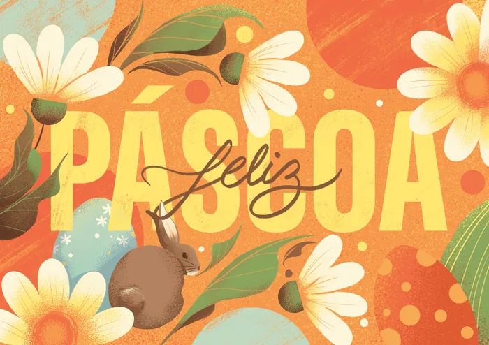 Easter themed illustration with a rabbit, flowers, and decorated eggs