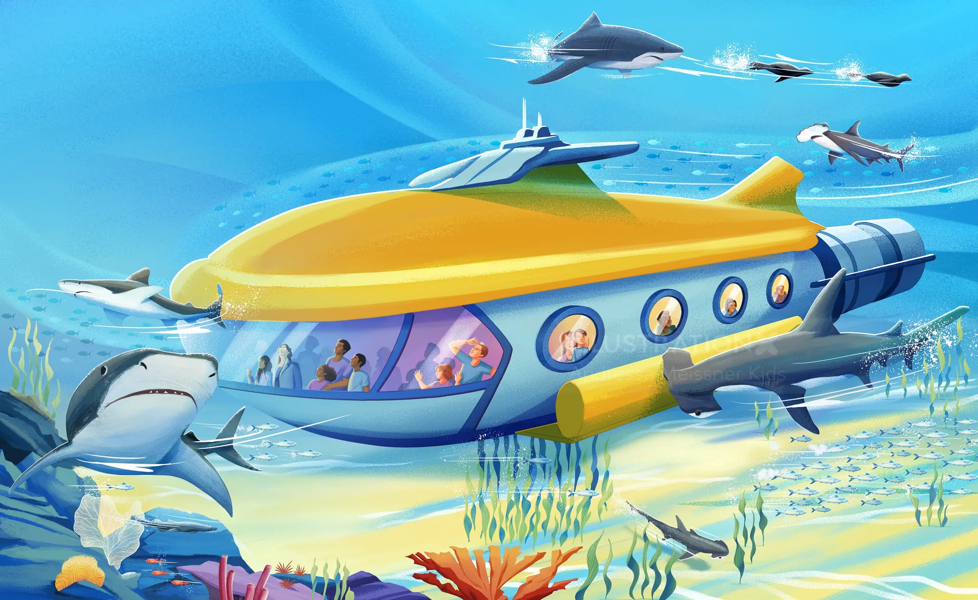 Yellow submarine underwater surrounded by dolphins, sharks, and fish