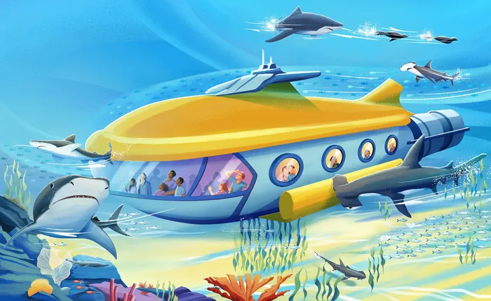 Yellow submarine underwater surrounded by dolphins, sharks, and fish