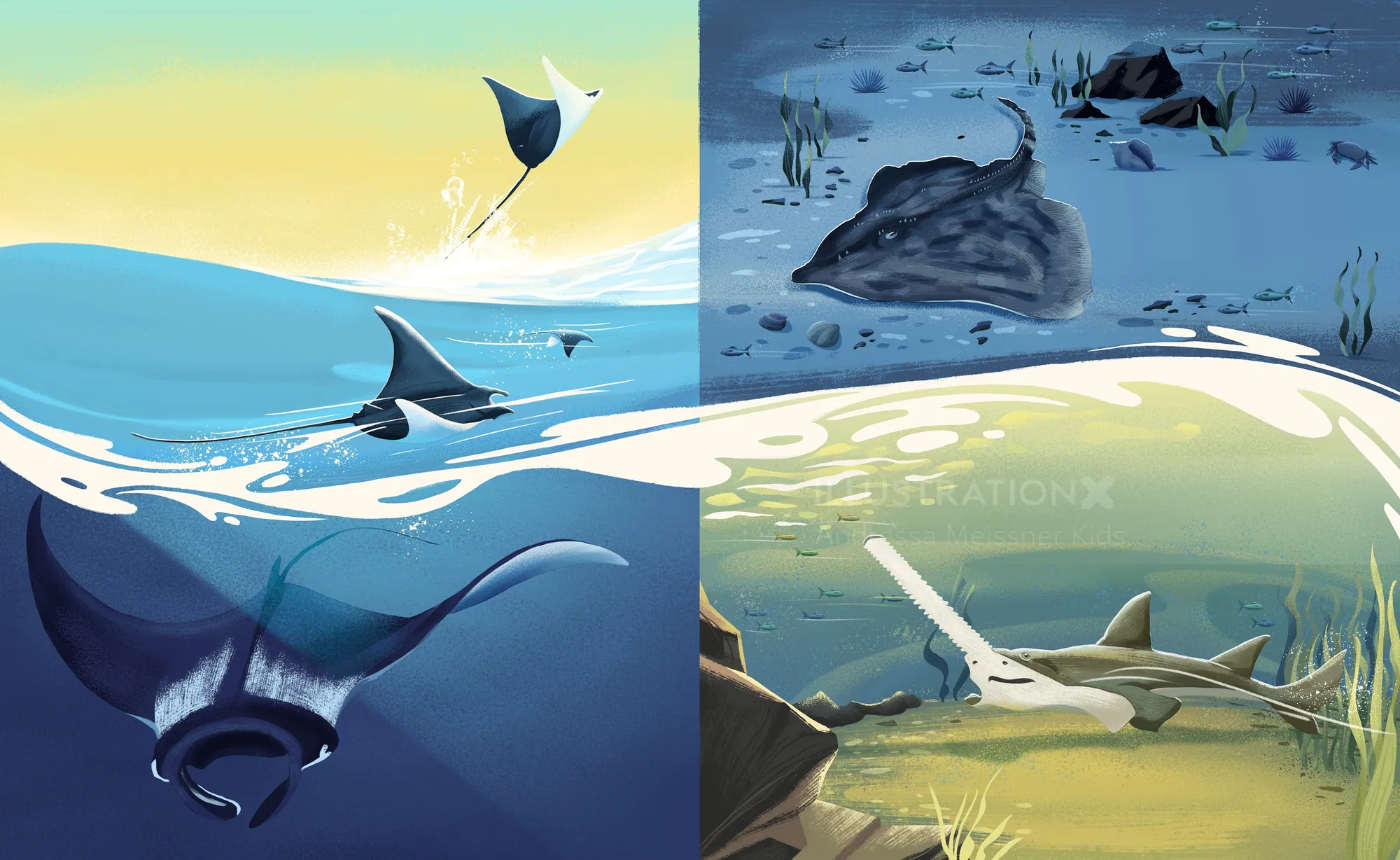 Marine life illustration with rays and sharks underwater in diverse ocean environments