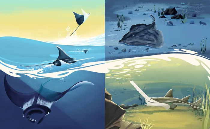 Marine life illustration with rays and sharks underwater in diverse ocean environments