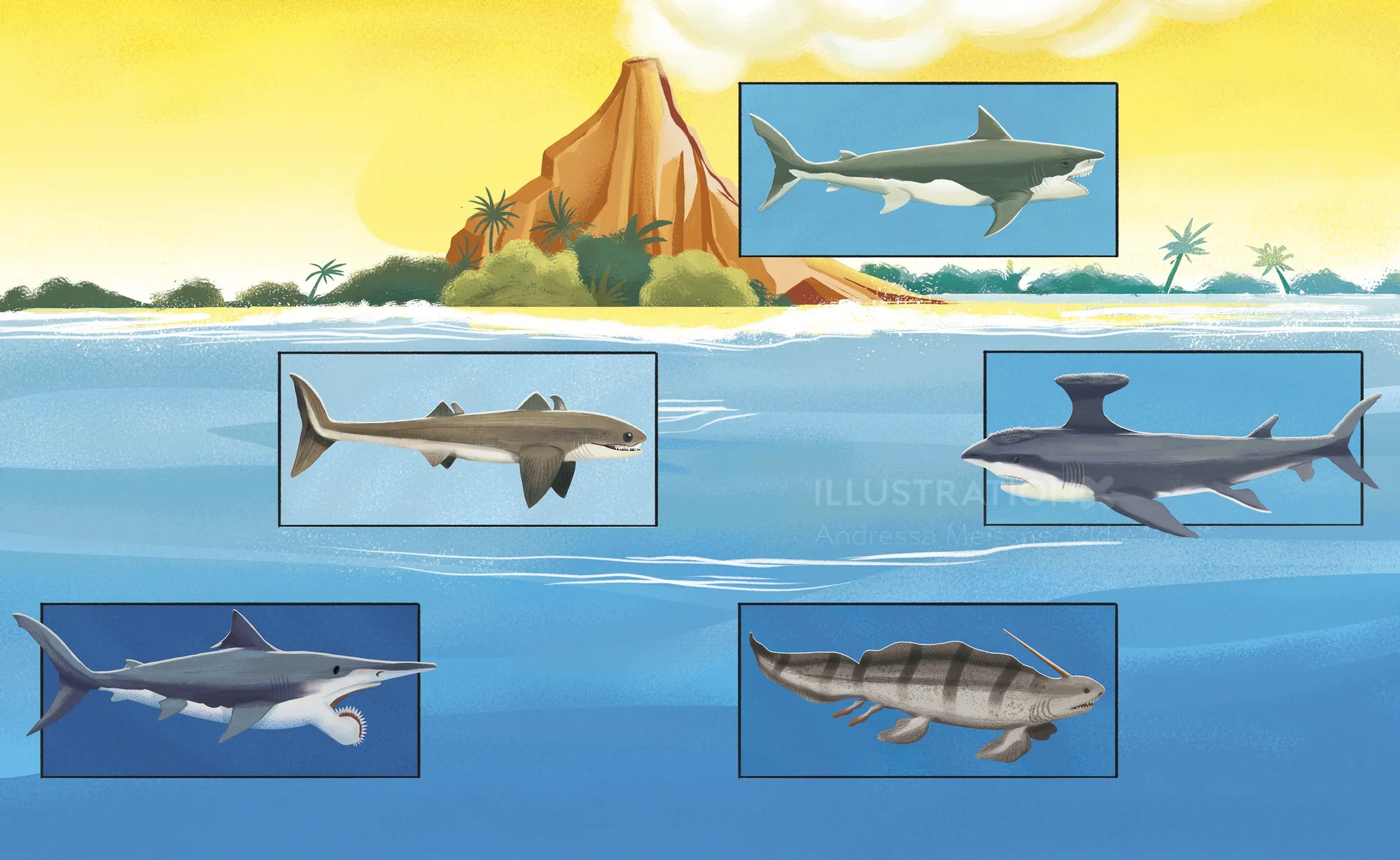 Five shark species illustrated underwater near tropical island with labels.