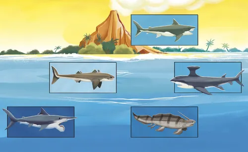 Five shark species illustrated underwater near tropical island with labels.