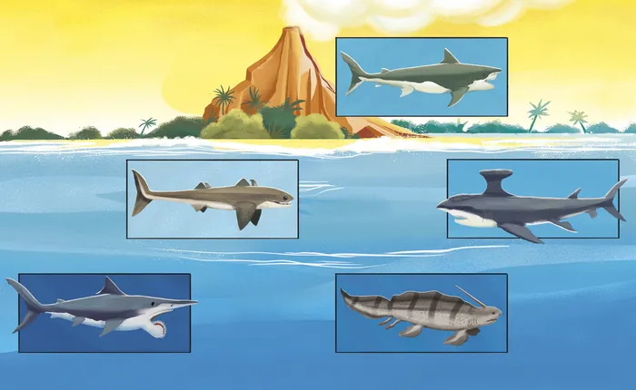 Five shark species illustrated underwater near tropical island with labels.