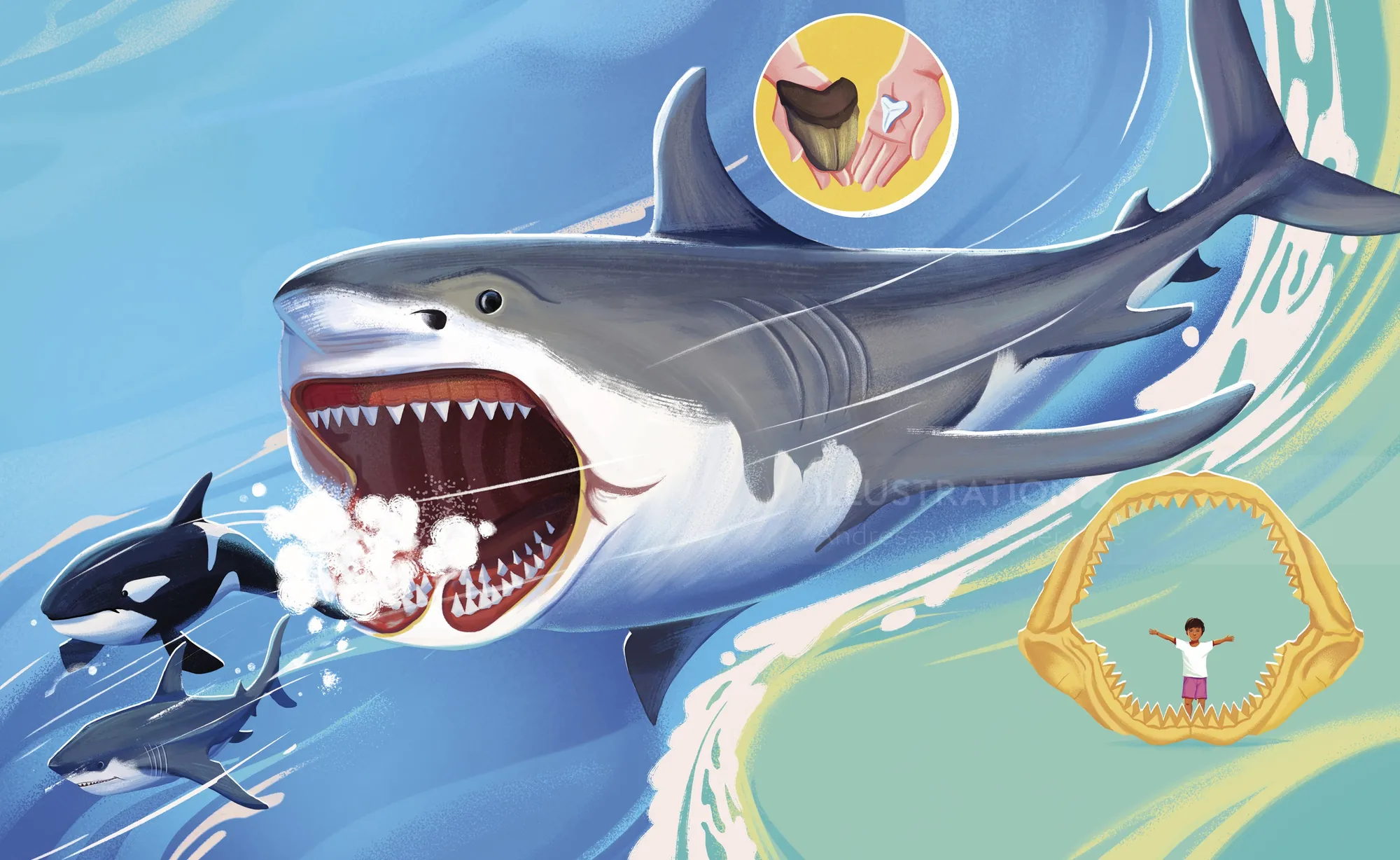 Great white shark with open mouth chasing two orcas near shore.