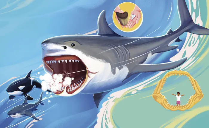 Great white shark with open mouth chasing two orcas near shore.