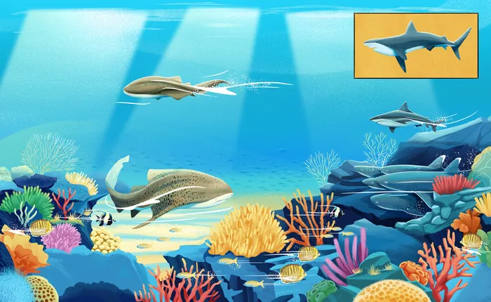 Underwater view of various fish swimming near colorful coral reefs