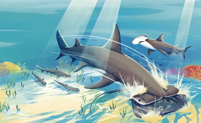 Hammerhead sharks swimming underwater near coral reef and light rays