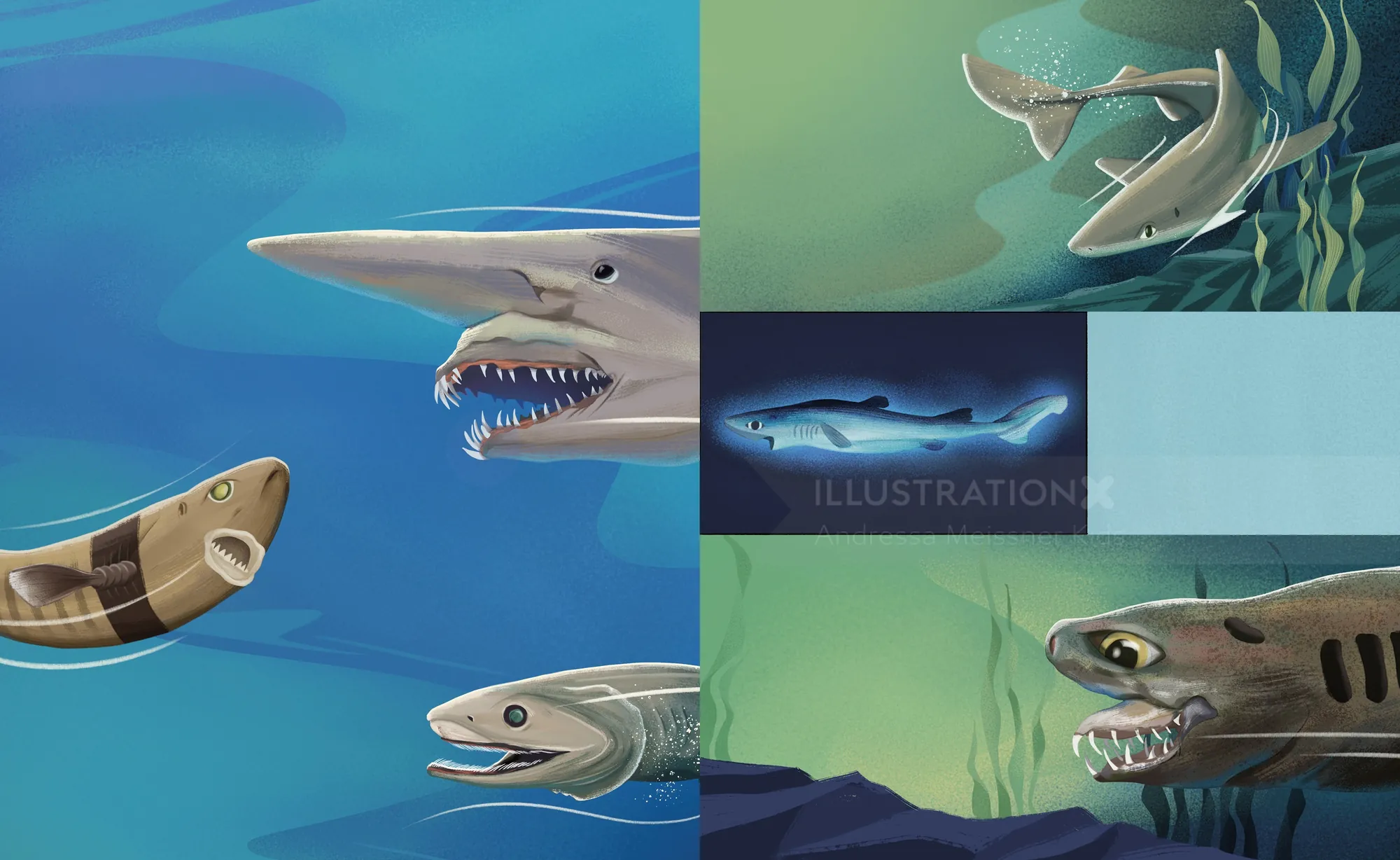 Illustration of different prehistoric sharks underwater with open jaws
