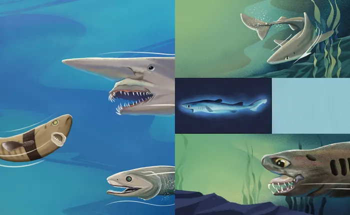 Illustration of different prehistoric sharks underwater with open jaws