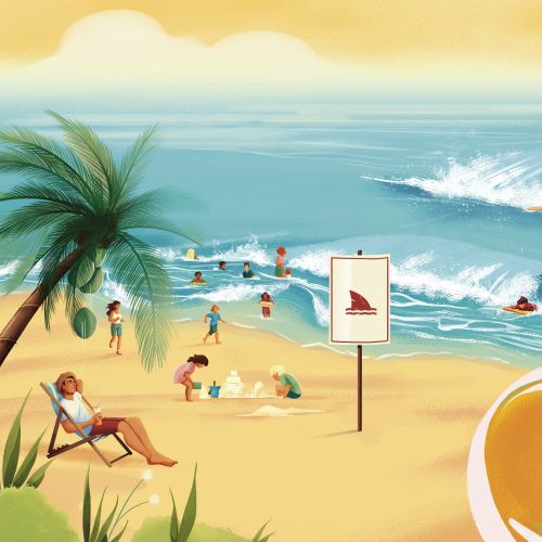 People enjoying a sunny beach with waves, surfers, and palm trees.