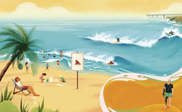 People enjoying a sunny beach with waves, surfers, and palm trees.