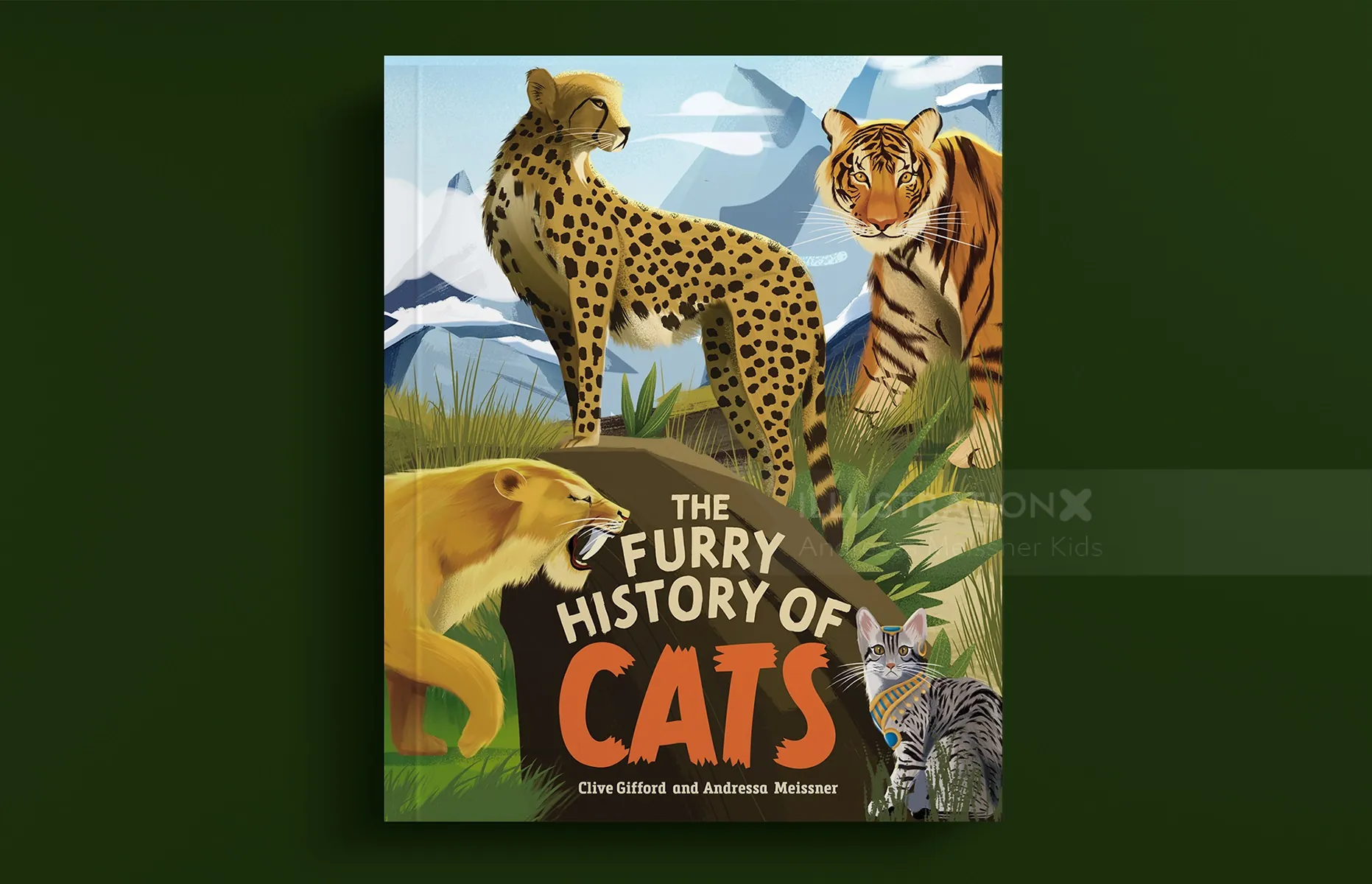 Book cover with cheetah, tiger, and wild cats illustration