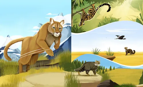 Illustration of cougar, margay, and fishing cat in natural environments