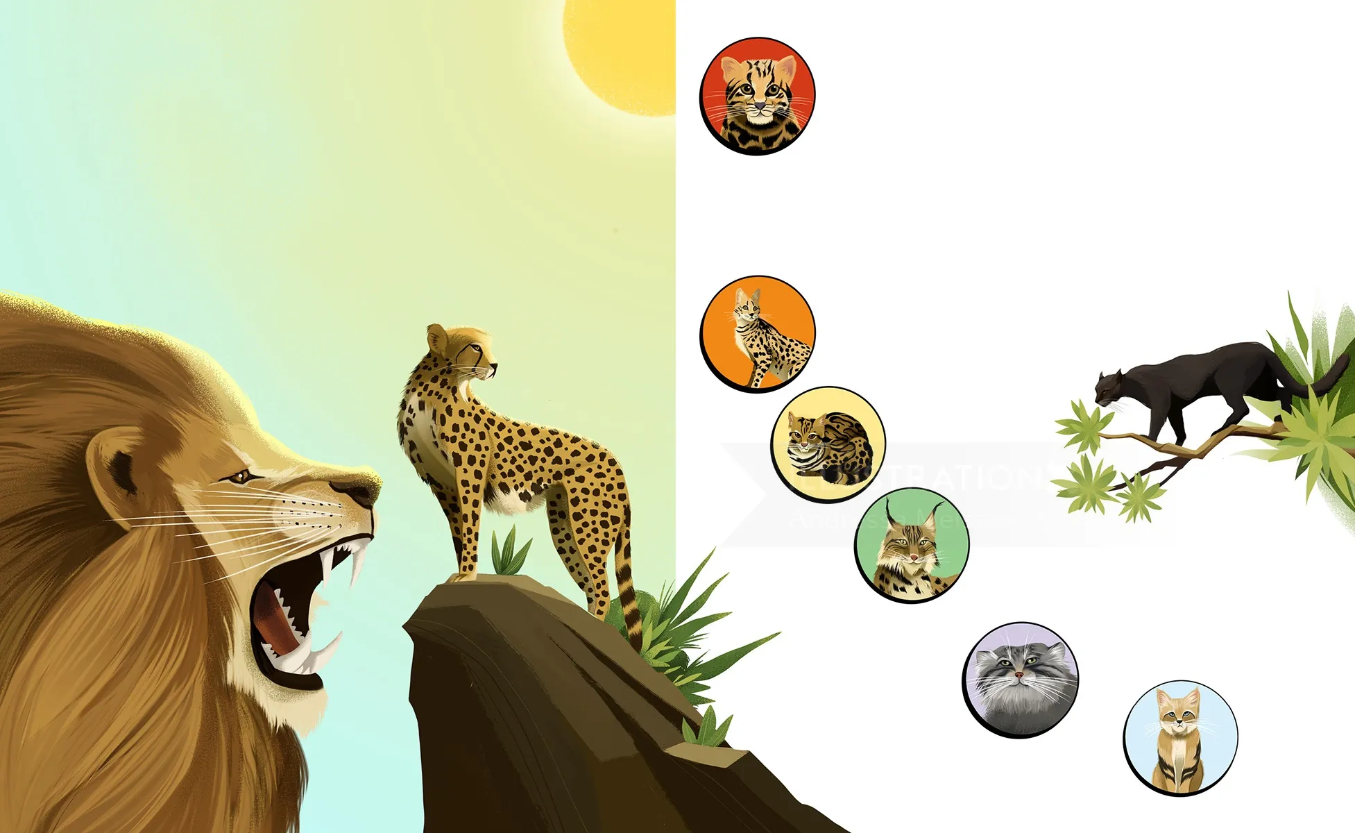 Lion roaring with cheetah, panther, and other wild animals in bubbles