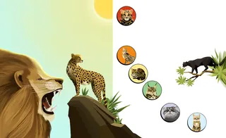 Lion roaring with cheetah, panther, and other wild animals in bubbles
