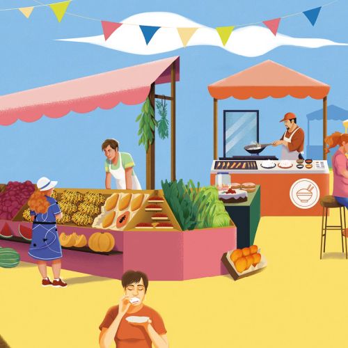 People buying fruits and vegetables at an outdoor market