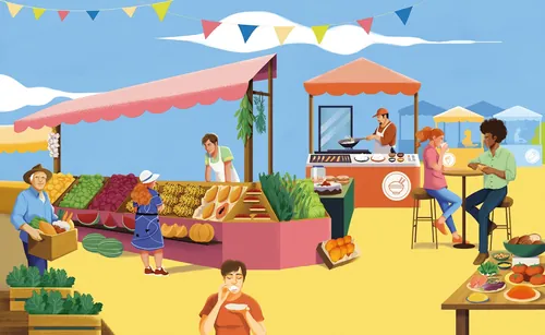 Illustration d'un marché en plein air avec des produits frais et des clients, par Andressa Meissner Kids
