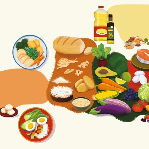 Various foods including bread, vegetables, meat, and condiments on boards