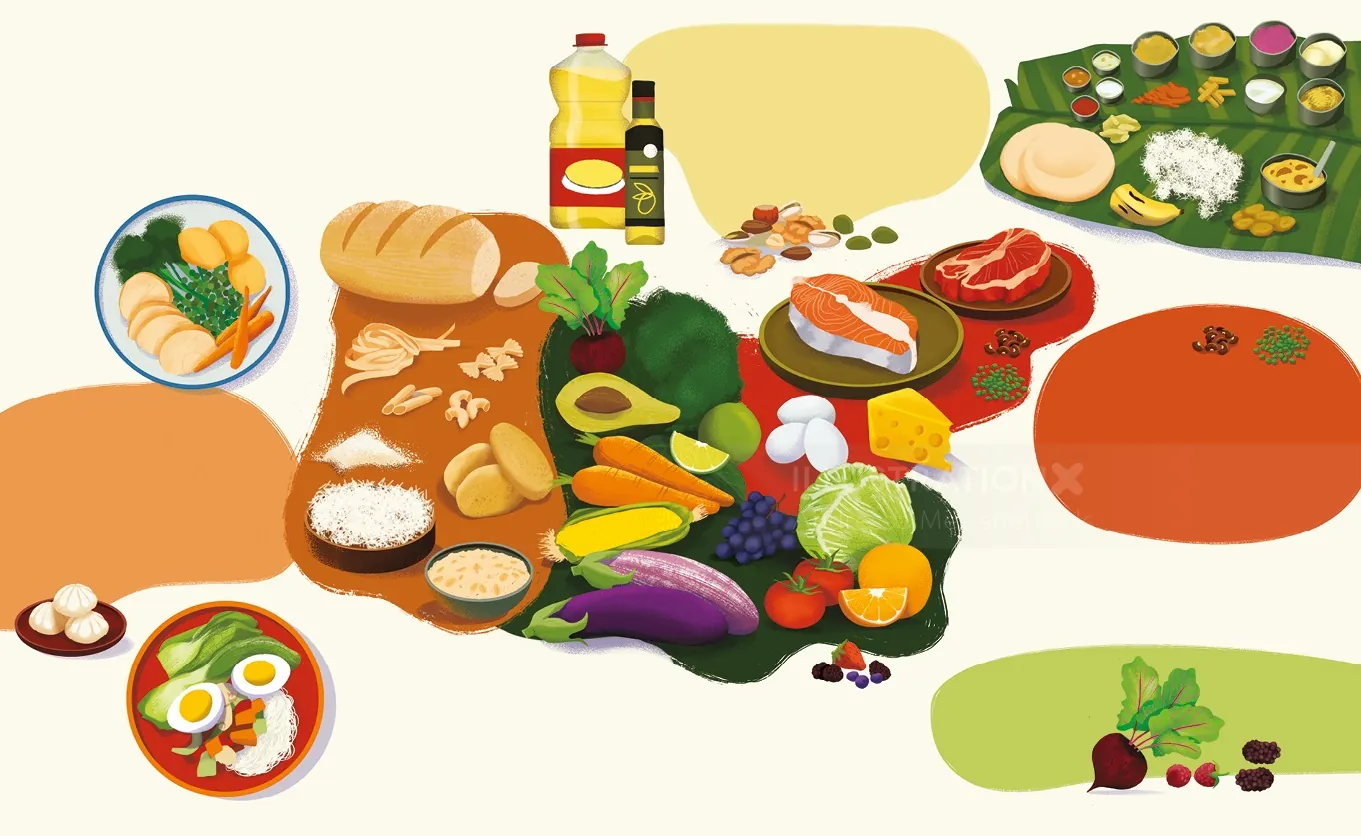 Various foods including bread, vegetables, meat, and condiments on boards