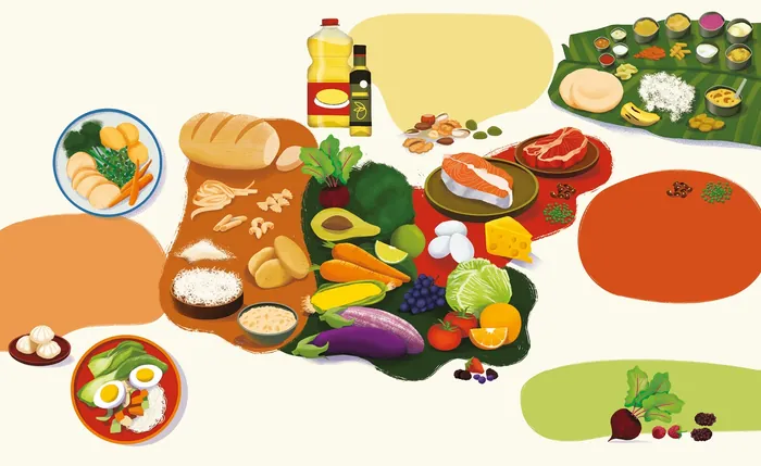 Various foods including bread, vegetables, meat, and condiments on boards