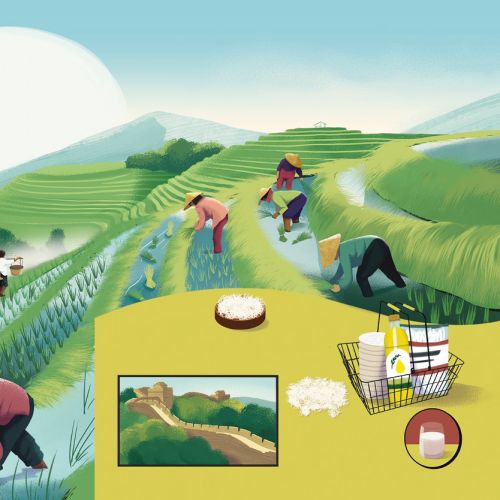 Farmers harvesting rice on terraced fields in misty mountains