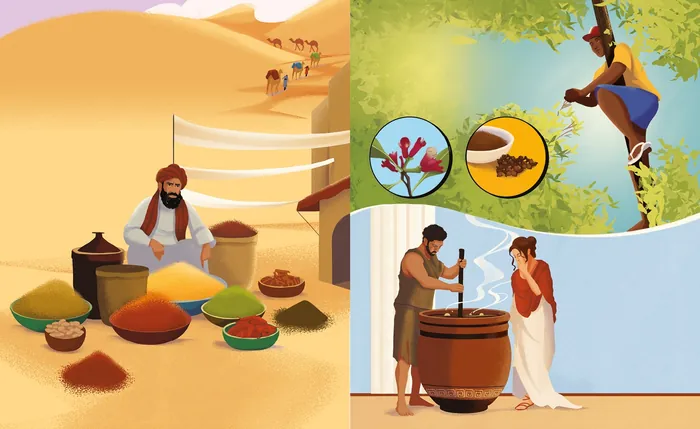 Traditional spice trader with goods and spice harvesting scenes