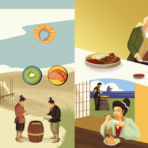 Historical scenes of people preparing and enjoying traditional food