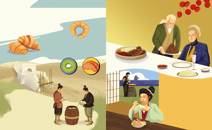 Historical scenes of people preparing and enjoying traditional food