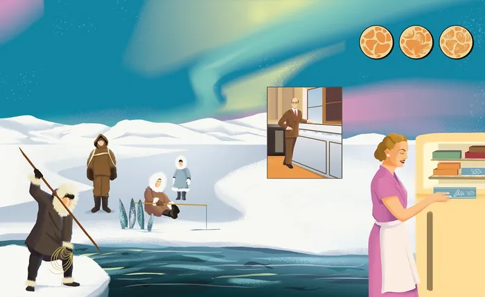 Arctic fishing scene with explorers and cashier in inset window
