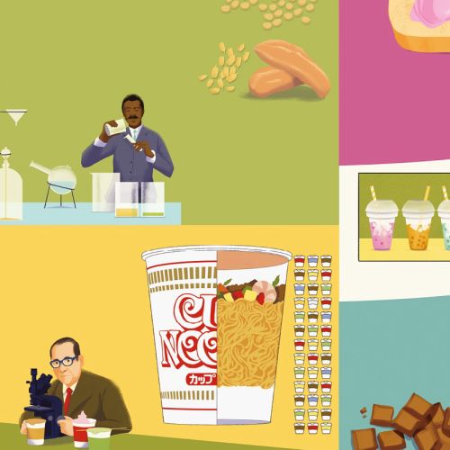 Four panels showing beverage mixing, cup noodles, ice cream, and baking