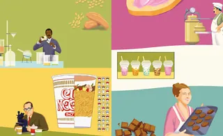 Four panels showing beverage mixing, cup noodles, ice cream, and baking
