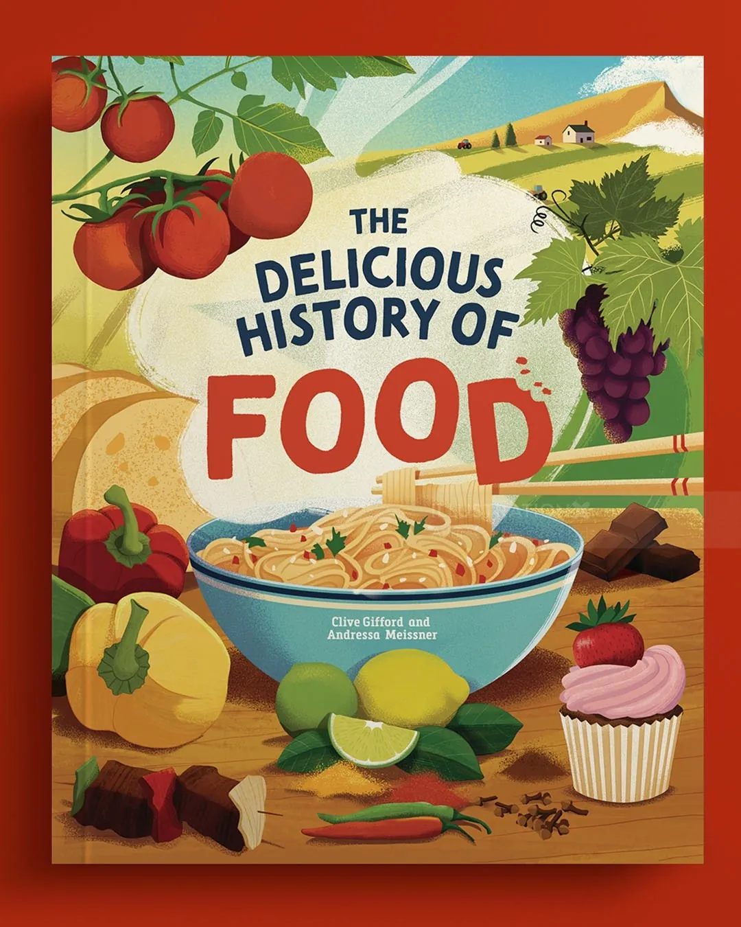 Book cover with food items like tomatoes, grapes, noodles, cupcake, and apples