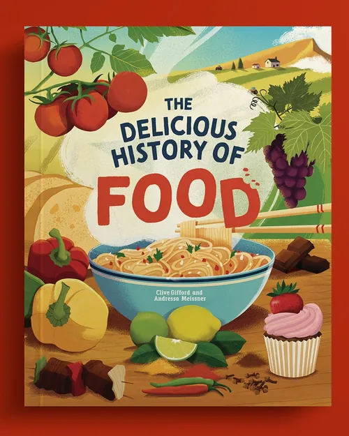 Book cover with food items like tomatoes, grapes, noodles, cupcake, and apples