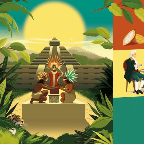 Ancient temple with sun, historical portraits, and a chocolatier at work.