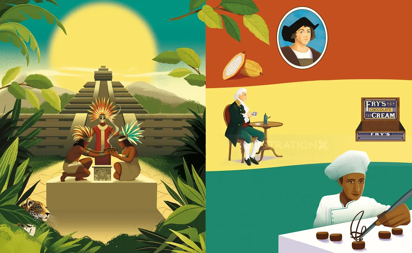 Ancient temple with sun, historical portraits, and a chocolatier at work.