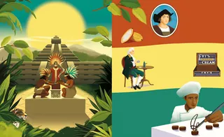 Ancient temple with sun, historical portraits, and a chocolatier at work.