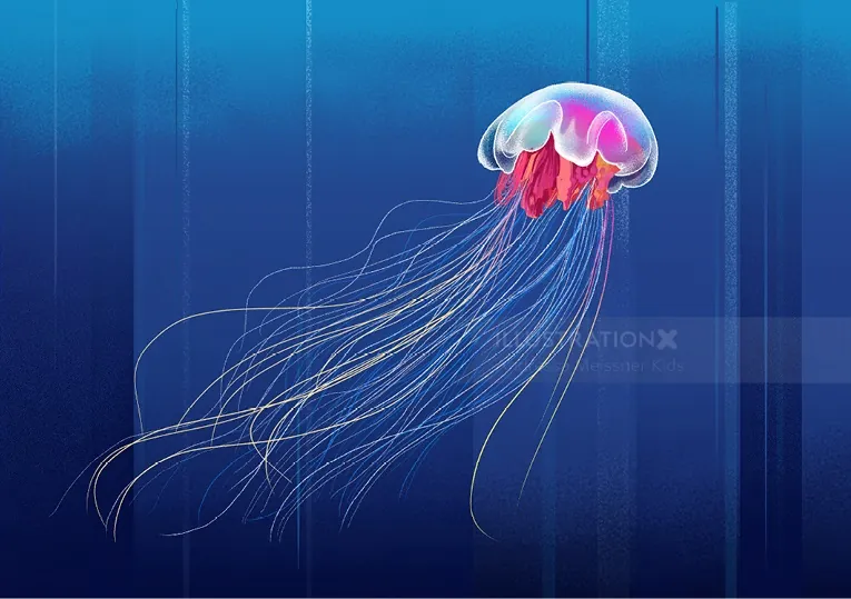 Colorful jellyfish with long tentacles in deep ocean by Andressa Meissner Kids