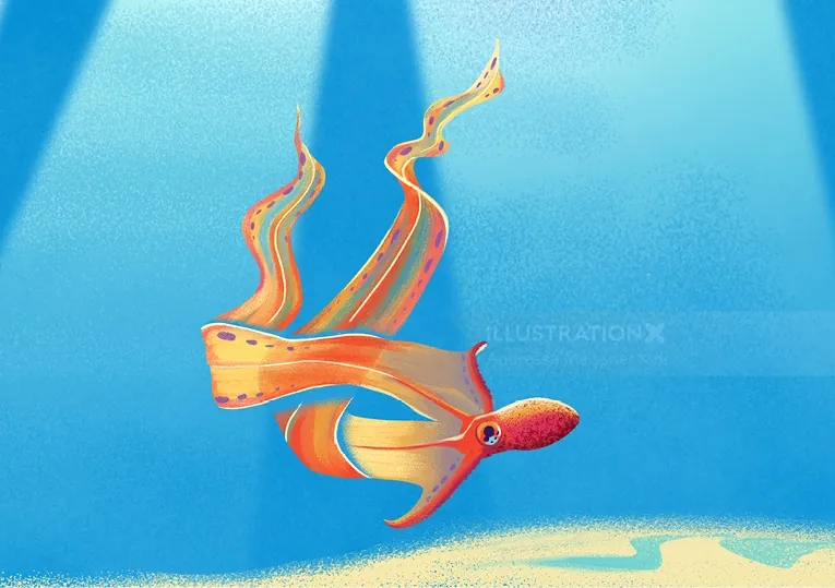 Colorful squid swimming underwater with sunlit rays by Andressa Meissner