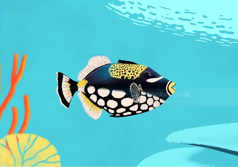 Clown triggerfish underwater with black, white, and yellow patterns by Andressa Meissner Kids