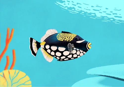 Clown triggerfish underwater with black, white, and yellow patterns by Andressa Meissner Kids