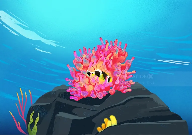Clownfish inside pink sea anemone underwater by Andressa Meissner Kids