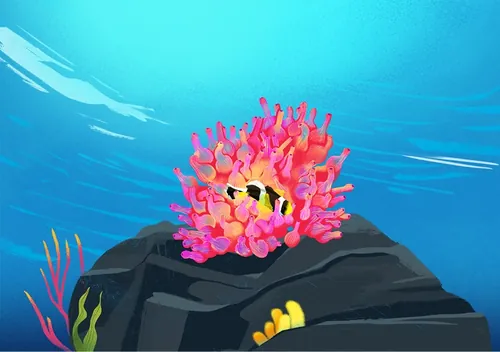Clownfish inside pink sea anemone underwater by Andressa Meissner Kids