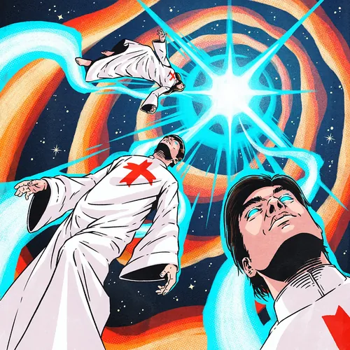Illustration by Andreu Zaragoza showing cult members in white robes with red crosses in space