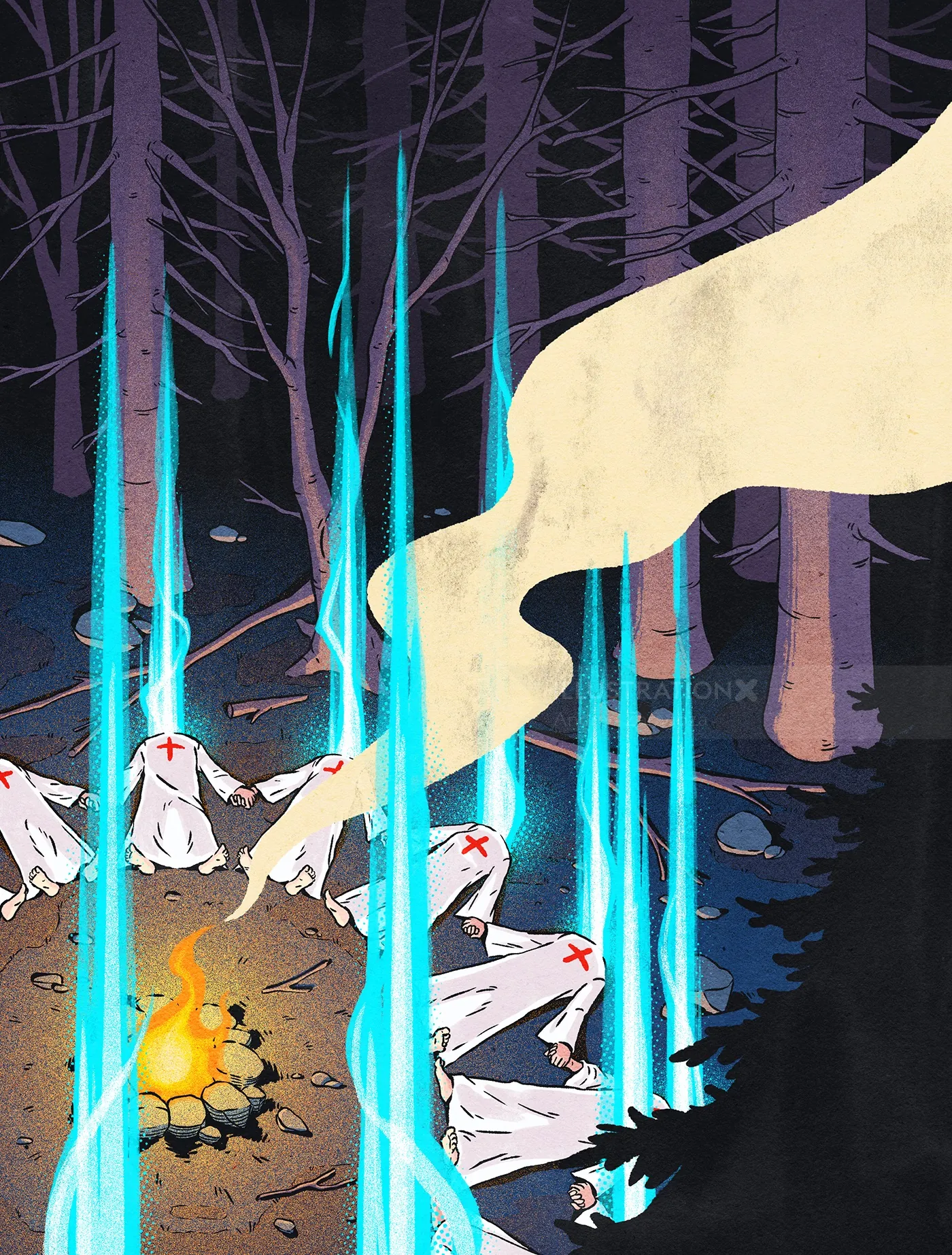 Cult members in robes with red crosses around campfire emitting blue flames by Andreu Zaragoza
