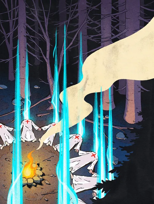 Cult members in robes with red crosses around campfire emitting blue flames by Andreu Zaragoza