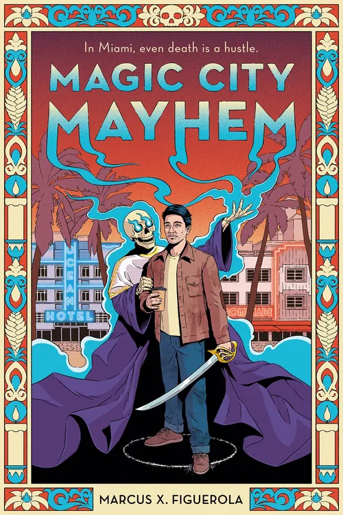 Book cover of Magic City Mayhem by Marcus L Figuerola with vibrant Miami fantasy scene, by Andreu Za