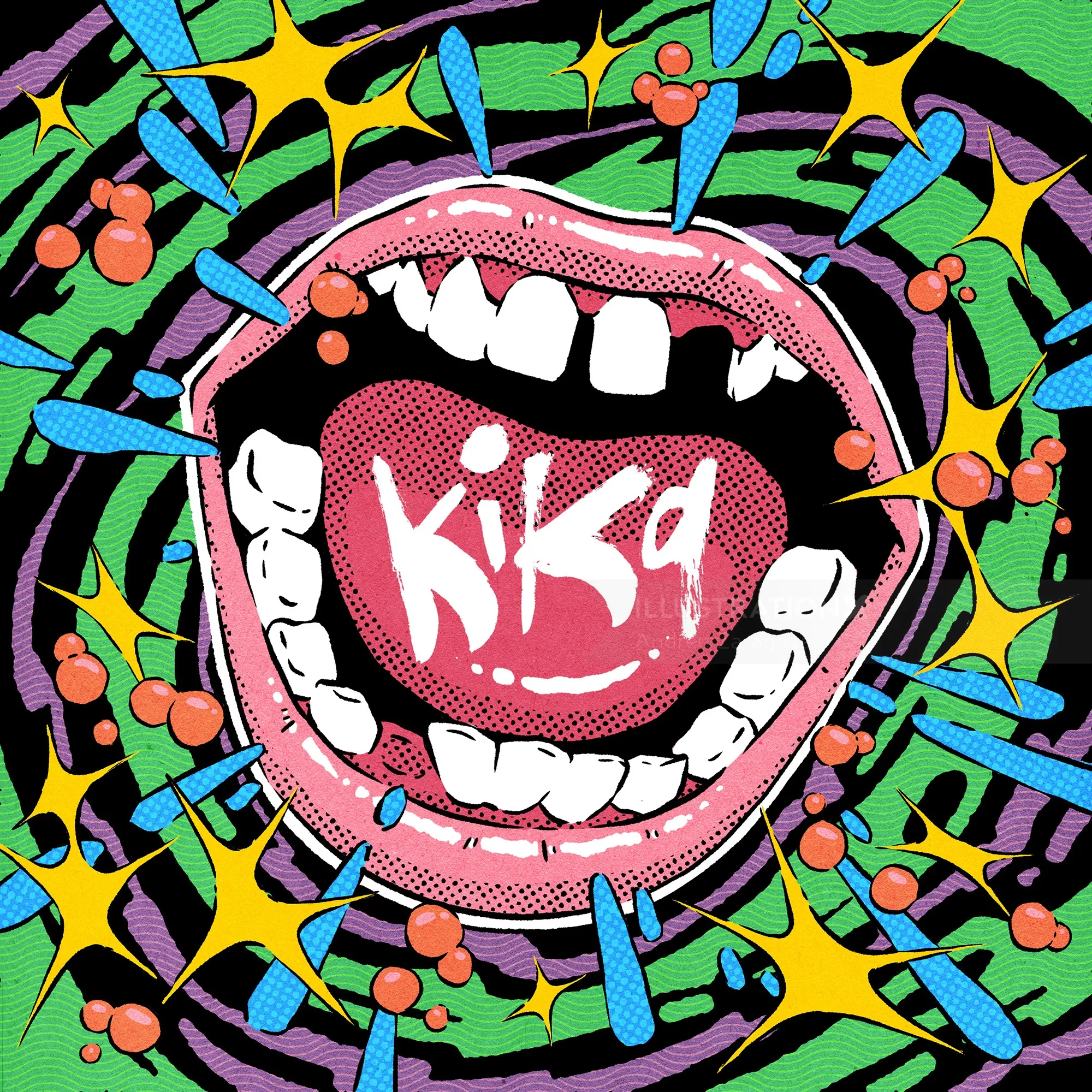 Mouth with text Kika surrounded by colorful abstract shapes by Andreu Zaragoza