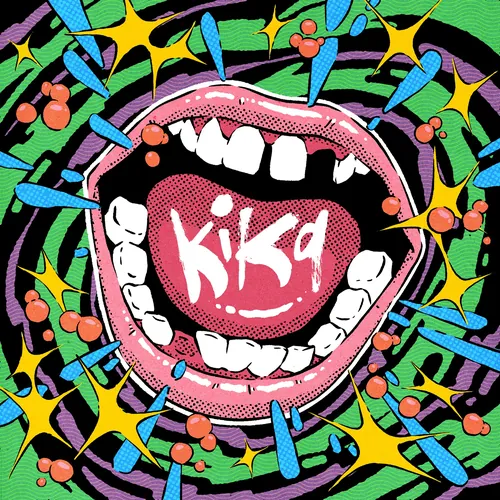 Mouth with text Kika surrounded by colorful abstract shapes by Andreu Zaragoza