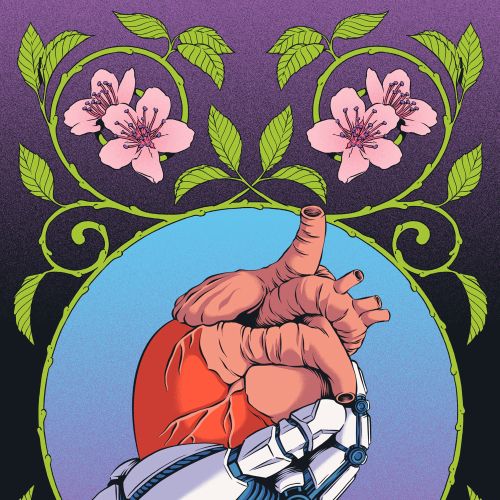 Illustration shows a human heart held by a robotic arm with floral decoration by Andreu Zaragoza